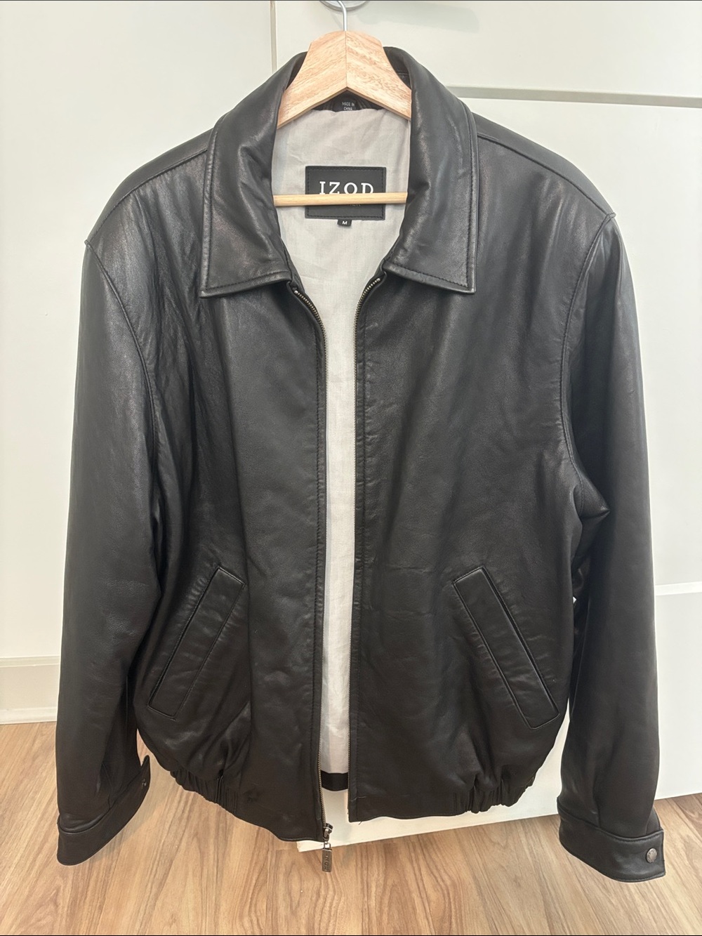 Izod Black Leather Bomber Jacket with Fold-Down Collar